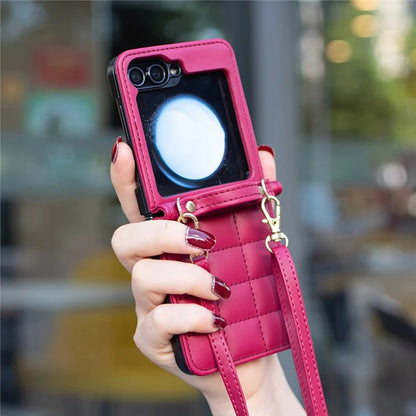For Samsung Galaxy Z Flip6 5G  /  Z Flip5 5G Phone Case Square Grid Leather Cover with Shoulder Strap