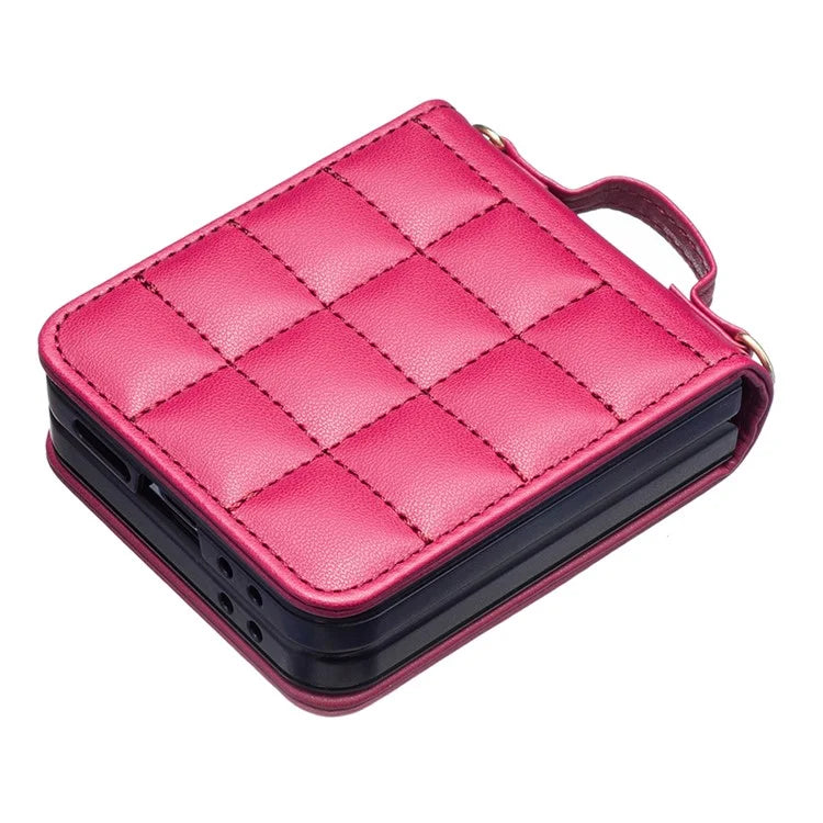 For Samsung Galaxy Z Flip6 5G  /  Z Flip5 5G Phone Case Square Grid Leather Cover with Shoulder Strap