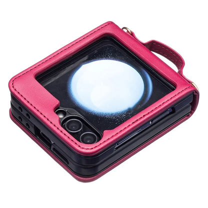 For Samsung Galaxy Z Flip6 5G  /  Z Flip5 5G Phone Case Square Grid Leather Cover with Shoulder Strap