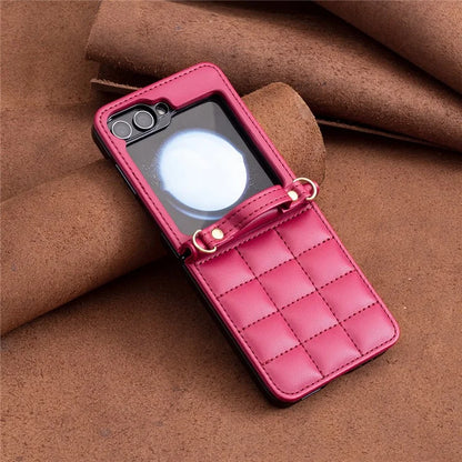 For Samsung Galaxy Z Flip6 5G  /  Z Flip5 5G Phone Case Square Grid Leather Cover with Shoulder Strap