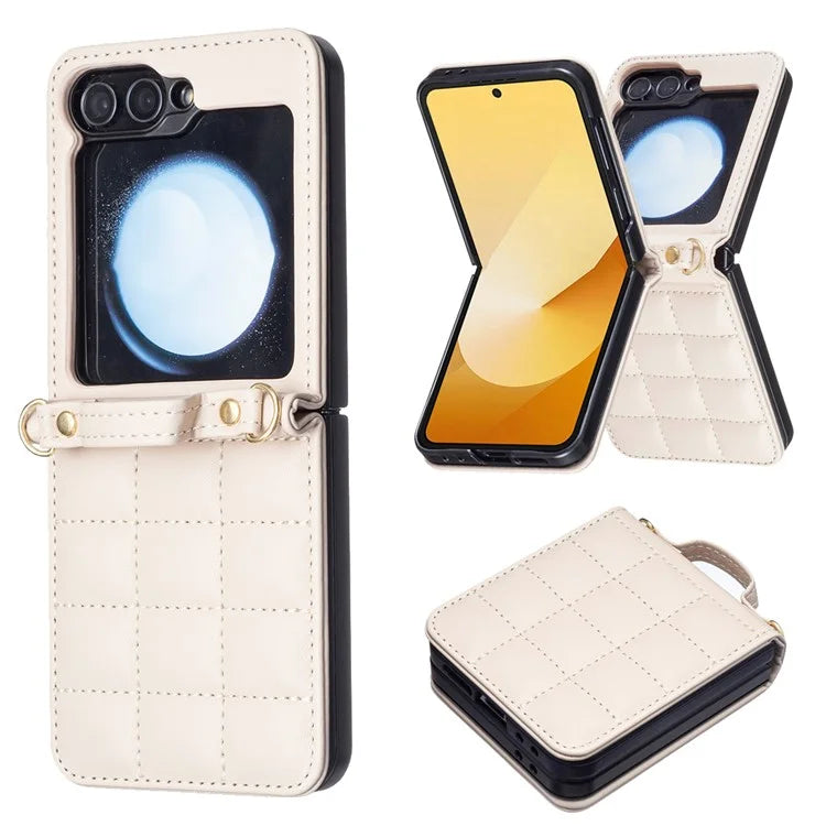 For Samsung Galaxy Z Flip6 5G  /  Z Flip5 5G Phone Case Square Grid Leather Cover with Shoulder Strap