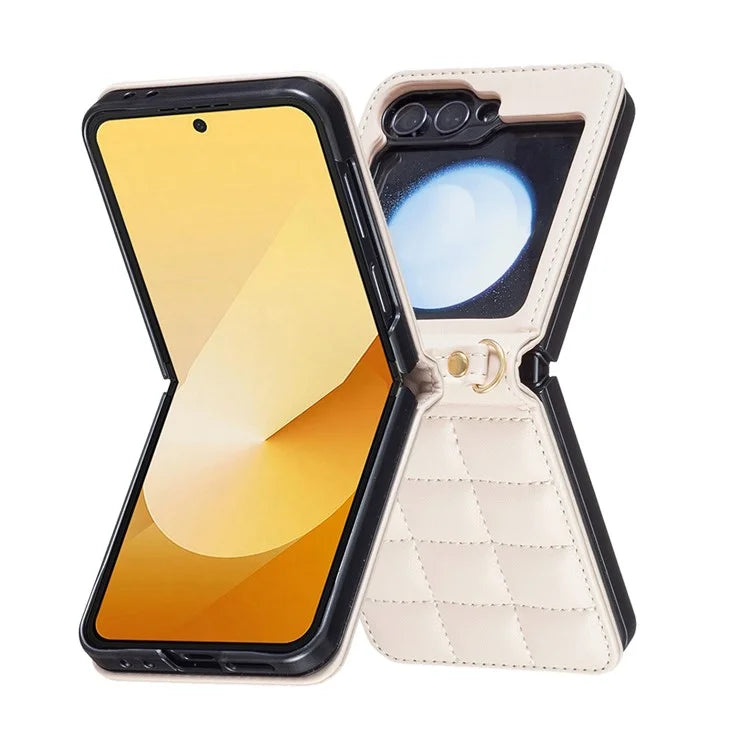 For Samsung Galaxy Z Flip6 5G  /  Z Flip5 5G Phone Case Square Grid Leather Cover with Shoulder Strap