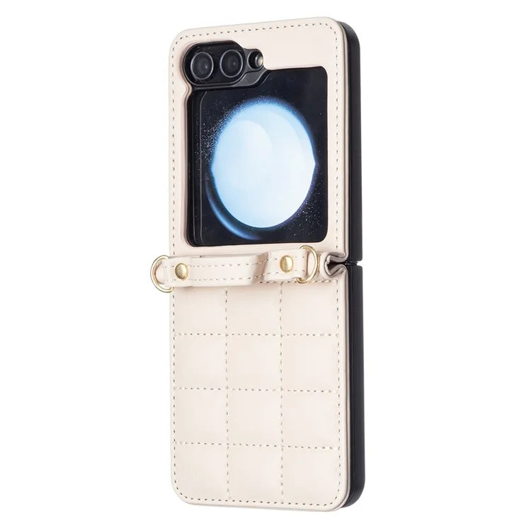 For Samsung Galaxy Z Flip6 5G  /  Z Flip5 5G Phone Case Square Grid Leather Cover with Shoulder Strap