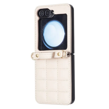 For Samsung Galaxy Z Flip6 5G  /  Z Flip5 5G Phone Case Square Grid Leather Cover with Shoulder Strap