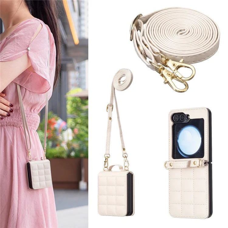 For Samsung Galaxy Z Flip6 5G  /  Z Flip5 5G Phone Case Square Grid Leather Cover with Shoulder Strap