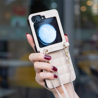 For Samsung Galaxy Z Flip6 5G  /  Z Flip5 5G Phone Case Square Grid Leather Cover with Shoulder Strap