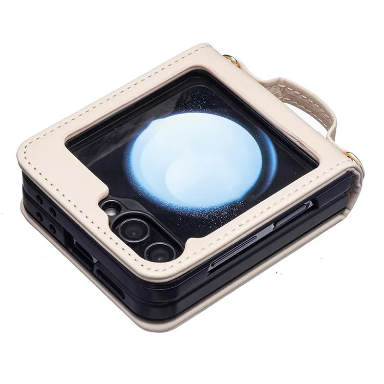 For Samsung Galaxy Z Flip6 5G  /  Z Flip5 5G Phone Case Square Grid Leather Cover with Shoulder Strap