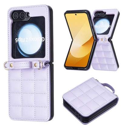 For Samsung Galaxy Z Flip6 5G  /  Z Flip5 5G Phone Case Square Grid Leather Cover with Shoulder Strap