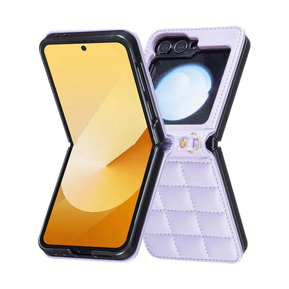 For Samsung Galaxy Z Flip6 5G  /  Z Flip5 5G Phone Case Square Grid Leather Cover with Shoulder Strap