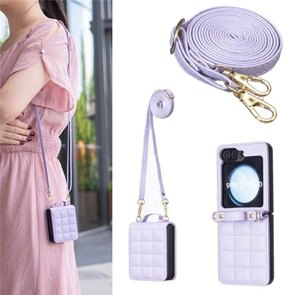For Samsung Galaxy Z Flip6 5G  /  Z Flip5 5G Phone Case Square Grid Leather Cover with Shoulder Strap