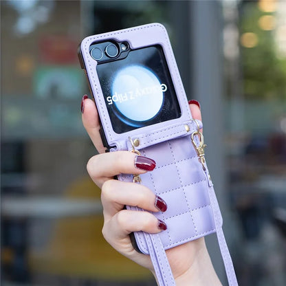 For Samsung Galaxy Z Flip6 5G  /  Z Flip5 5G Phone Case Square Grid Leather Cover with Shoulder Strap