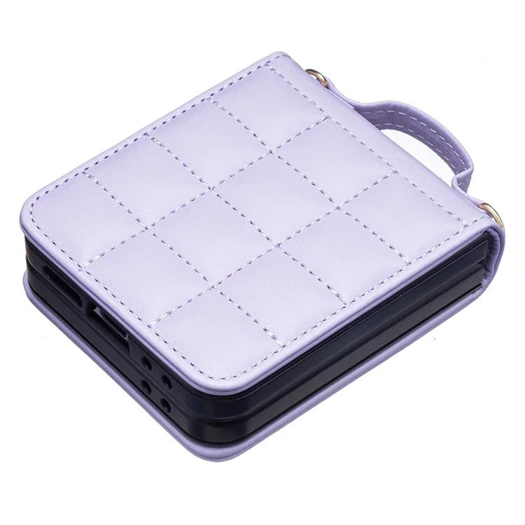 For Samsung Galaxy Z Flip6 5G  /  Z Flip5 5G Phone Case Square Grid Leather Cover with Shoulder Strap