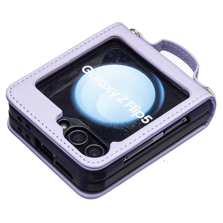 For Samsung Galaxy Z Flip6 5G  /  Z Flip5 5G Phone Case Square Grid Leather Cover with Shoulder Strap