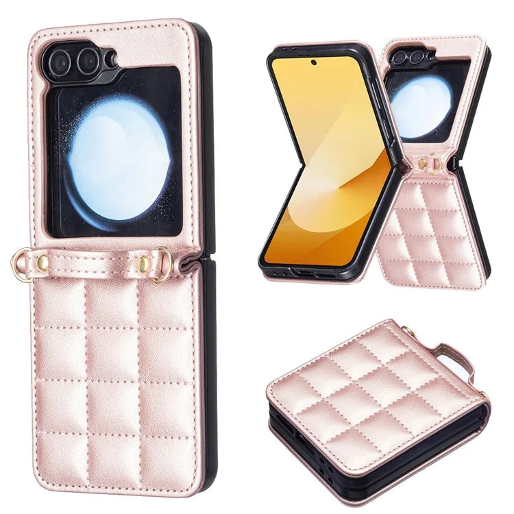 For Samsung Galaxy Z Flip6 5G  /  Z Flip5 5G Phone Case Square Grid Leather Cover with Shoulder Strap