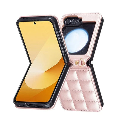 For Samsung Galaxy Z Flip6 5G  /  Z Flip5 5G Phone Case Square Grid Leather Cover with Shoulder Strap
