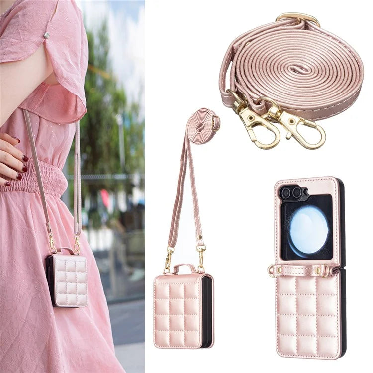 For Samsung Galaxy Z Flip6 5G  /  Z Flip5 5G Phone Case Square Grid Leather Cover with Shoulder Strap