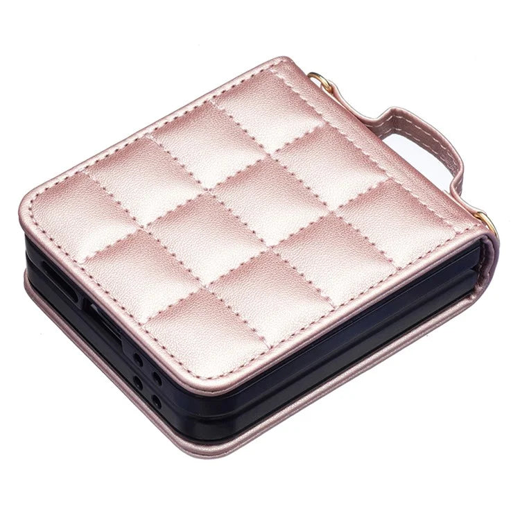 For Samsung Galaxy Z Flip6 5G  /  Z Flip5 5G Phone Case Square Grid Leather Cover with Shoulder Strap