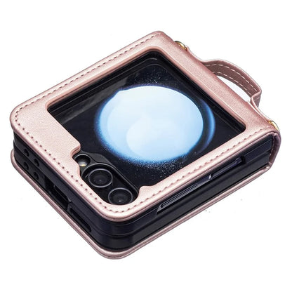 For Samsung Galaxy Z Flip6 5G  /  Z Flip5 5G Phone Case Square Grid Leather Cover with Shoulder Strap