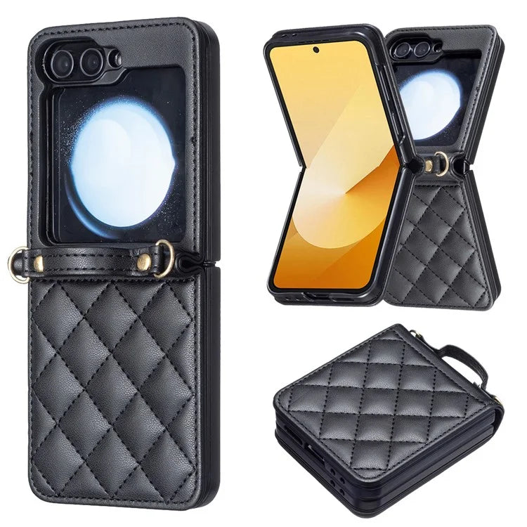 For Samsung Galaxy Z Flip6 5G  /  Z Flip5 5G Leather Back Case Rhombus Phone Cover with Shoulder Strap