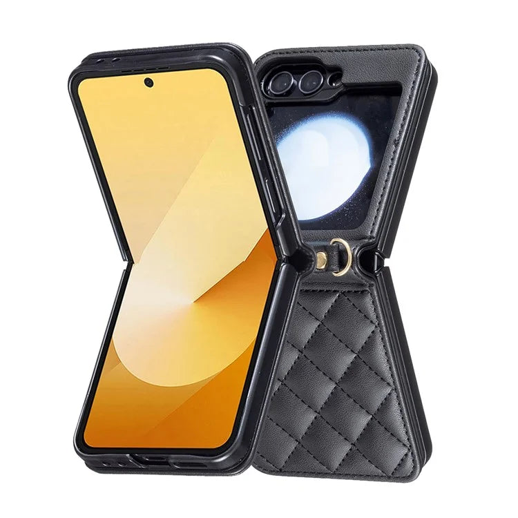 For Samsung Galaxy Z Flip6 5G  /  Z Flip5 5G Leather Back Case Rhombus Phone Cover with Shoulder Strap