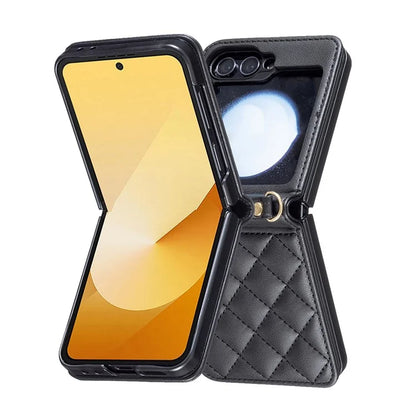 For Samsung Galaxy Z Flip6 5G  /  Z Flip5 5G Leather Back Case Rhombus Phone Cover with Shoulder Strap