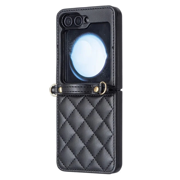For Samsung Galaxy Z Flip6 5G  /  Z Flip5 5G Leather Back Case Rhombus Phone Cover with Shoulder Strap