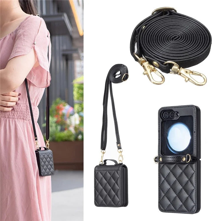 For Samsung Galaxy Z Flip6 5G  /  Z Flip5 5G Leather Back Case Rhombus Phone Cover with Shoulder Strap
