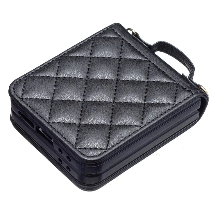 For Samsung Galaxy Z Flip6 5G  /  Z Flip5 5G Leather Back Case Rhombus Phone Cover with Shoulder Strap