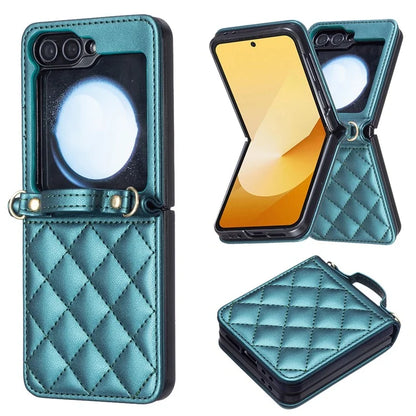 For Samsung Galaxy Z Flip6 5G  /  Z Flip5 5G Leather Back Case Rhombus Phone Cover with Shoulder Strap
