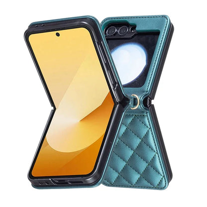 For Samsung Galaxy Z Flip6 5G  /  Z Flip5 5G Leather Back Case Rhombus Phone Cover with Shoulder Strap