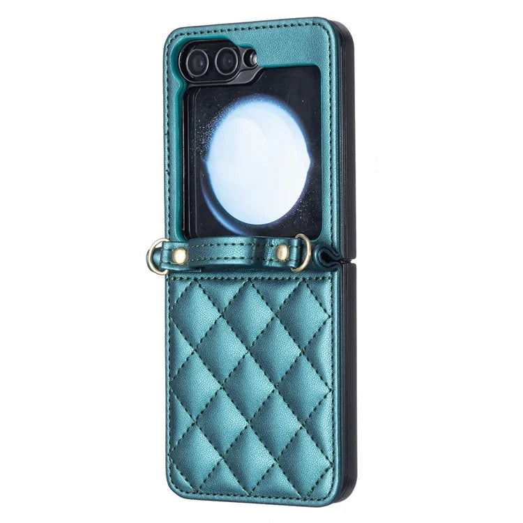 For Samsung Galaxy Z Flip6 5G  /  Z Flip5 5G Leather Back Case Rhombus Phone Cover with Shoulder Strap