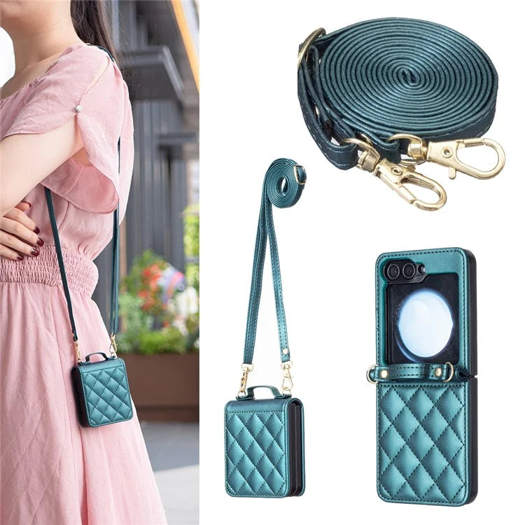 For Samsung Galaxy Z Flip6 5G  /  Z Flip5 5G Leather Back Case Rhombus Phone Cover with Shoulder Strap