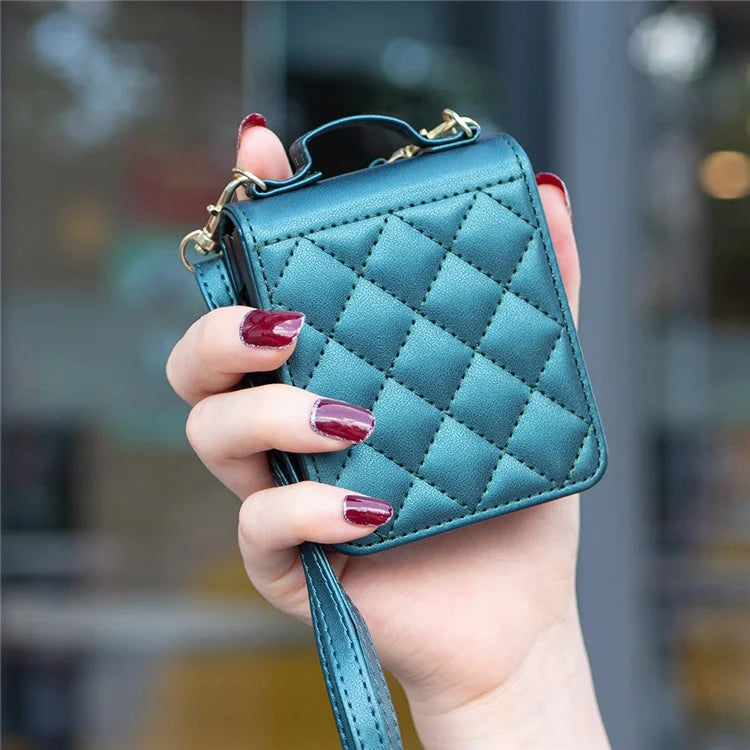 For Samsung Galaxy Z Flip6 5G  /  Z Flip5 5G Leather Back Case Rhombus Phone Cover with Shoulder Strap