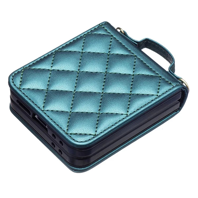 For Samsung Galaxy Z Flip6 5G  /  Z Flip5 5G Leather Back Case Rhombus Phone Cover with Shoulder Strap