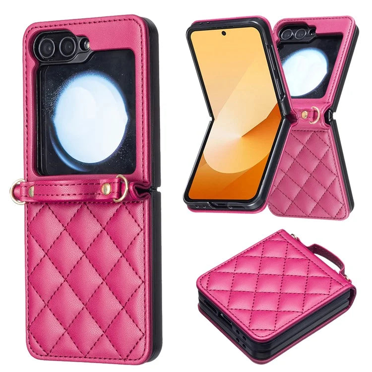 For Samsung Galaxy Z Flip6 5G  /  Z Flip5 5G Leather Back Case Rhombus Phone Cover with Shoulder Strap