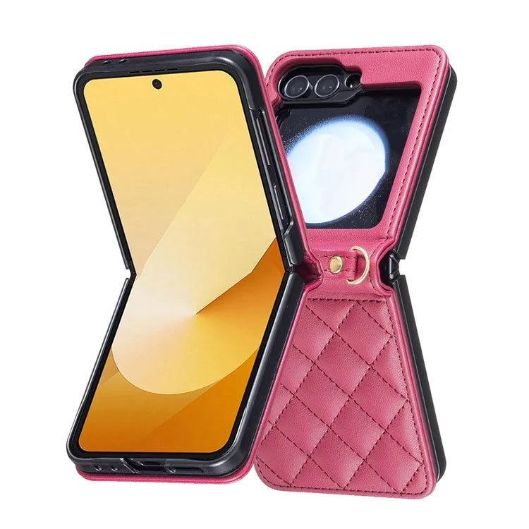 For Samsung Galaxy Z Flip6 5G  /  Z Flip5 5G Leather Back Case Rhombus Phone Cover with Shoulder Strap