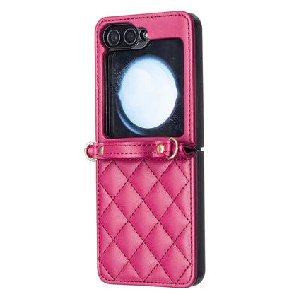 For Samsung Galaxy Z Flip6 5G  /  Z Flip5 5G Leather Back Case Rhombus Phone Cover with Shoulder Strap