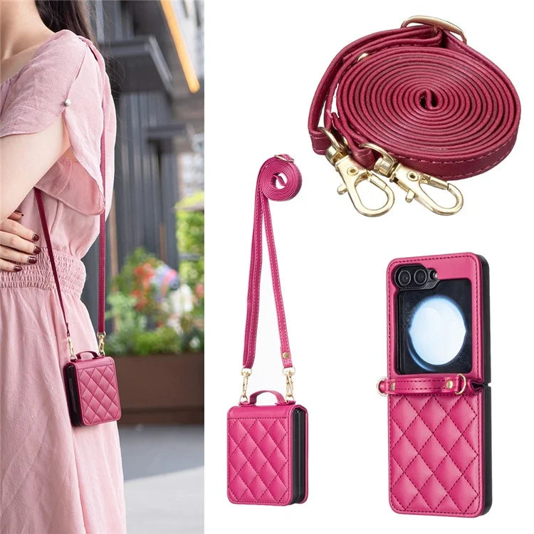 For Samsung Galaxy Z Flip6 5G  /  Z Flip5 5G Leather Back Case Rhombus Phone Cover with Shoulder Strap