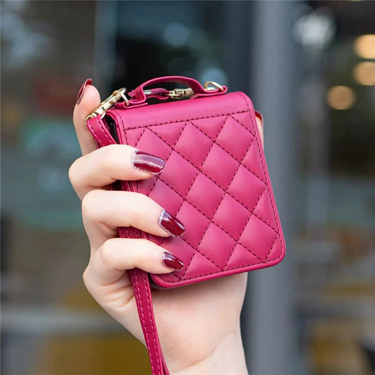 For Samsung Galaxy Z Flip6 5G  /  Z Flip5 5G Leather Back Case Rhombus Phone Cover with Shoulder Strap