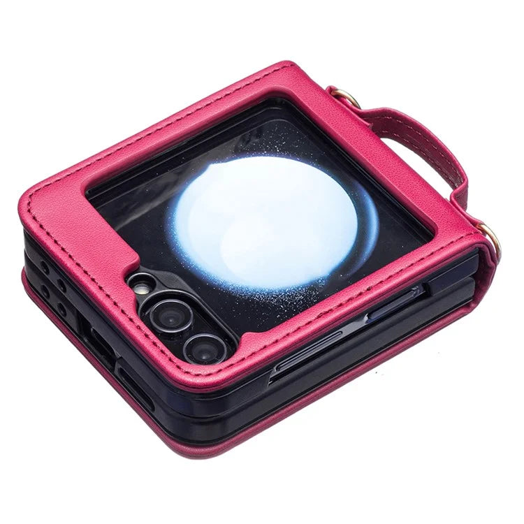 For Samsung Galaxy Z Flip6 5G  /  Z Flip5 5G Leather Back Case Rhombus Phone Cover with Shoulder Strap