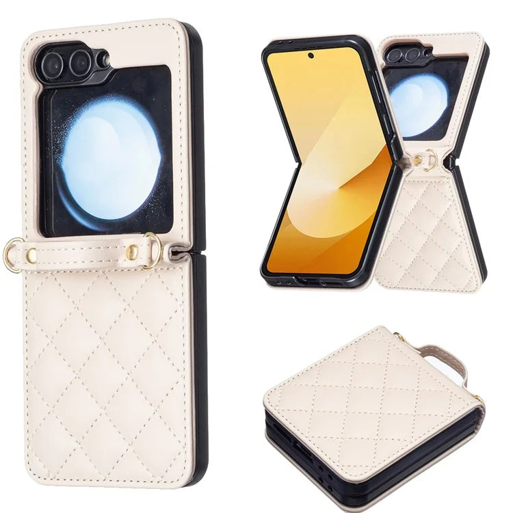 For Samsung Galaxy Z Flip6 5G  /  Z Flip5 5G Leather Back Case Rhombus Phone Cover with Shoulder Strap