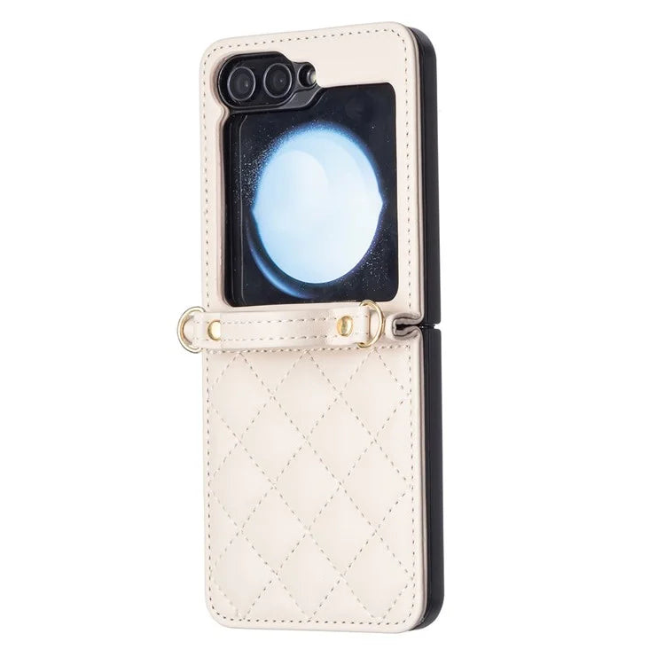 For Samsung Galaxy Z Flip6 5G  /  Z Flip5 5G Leather Back Case Rhombus Phone Cover with Shoulder Strap