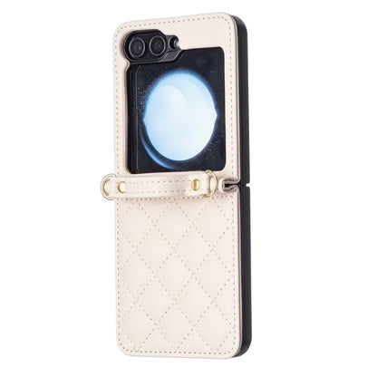 For Samsung Galaxy Z Flip6 5G  /  Z Flip5 5G Leather Back Case Rhombus Phone Cover with Shoulder Strap