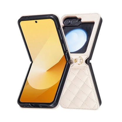 For Samsung Galaxy Z Flip6 5G  /  Z Flip5 5G Leather Back Case Rhombus Phone Cover with Shoulder Strap