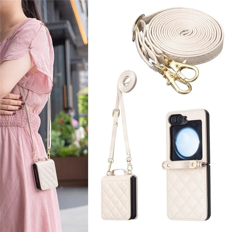 For Samsung Galaxy Z Flip6 5G  /  Z Flip5 5G Leather Back Case Rhombus Phone Cover with Shoulder Strap
