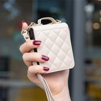 For Samsung Galaxy Z Flip6 5G  /  Z Flip5 5G Leather Back Case Rhombus Phone Cover with Shoulder Strap