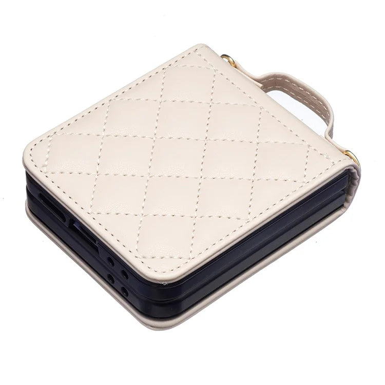 For Samsung Galaxy Z Flip6 5G  /  Z Flip5 5G Leather Back Case Rhombus Phone Cover with Shoulder Strap