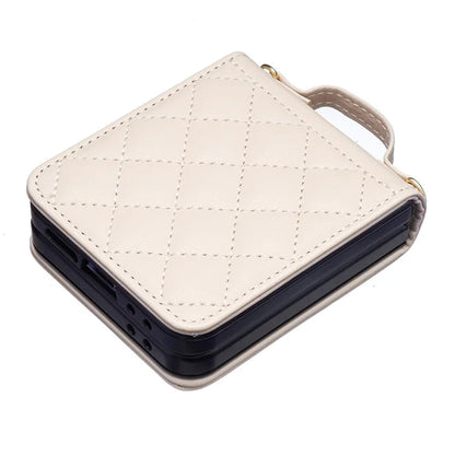 For Samsung Galaxy Z Flip6 5G  /  Z Flip5 5G Leather Back Case Rhombus Phone Cover with Shoulder Strap