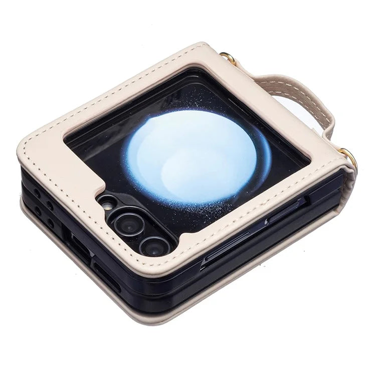 For Samsung Galaxy Z Flip6 5G  /  Z Flip5 5G Leather Back Case Rhombus Phone Cover with Shoulder Strap