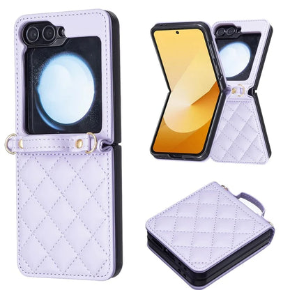 For Samsung Galaxy Z Flip6 5G  /  Z Flip5 5G Leather Back Case Rhombus Phone Cover with Shoulder Strap